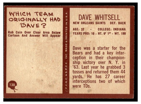 1967 Philadelphia Dave Whitsell #130 Rookie Card Low Grade back of card