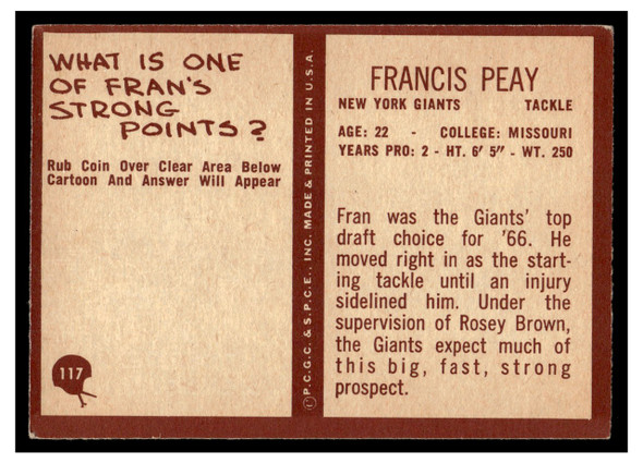 1967 Philadelphia Francis Peay #117 Rookie Card Low Grade back of card