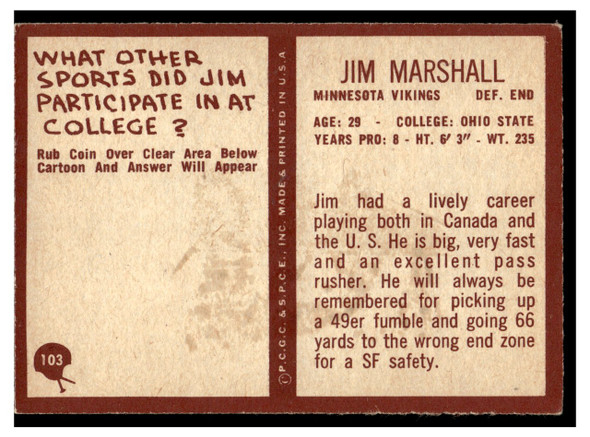 1967 Philadelphia Jim Marshall #103 Low Grade back of card
