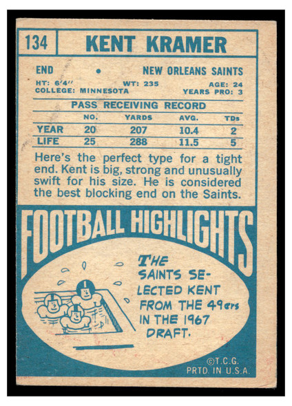 1968 Topps Kent Kramer #134 Rookie Card Low Grade back of card