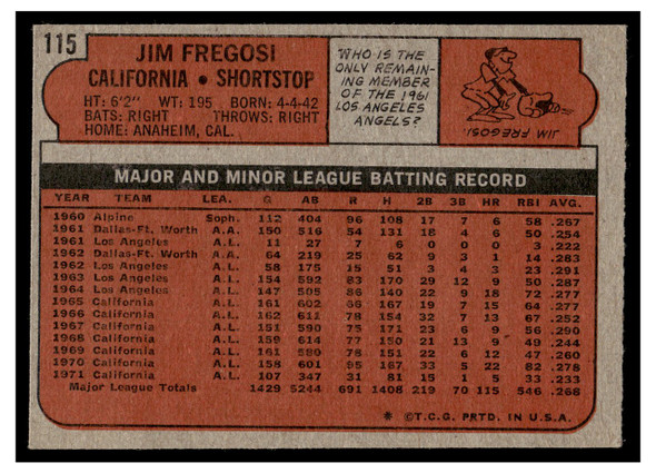 1972 Topps Jim Fregosi #115 Low Grade back of card