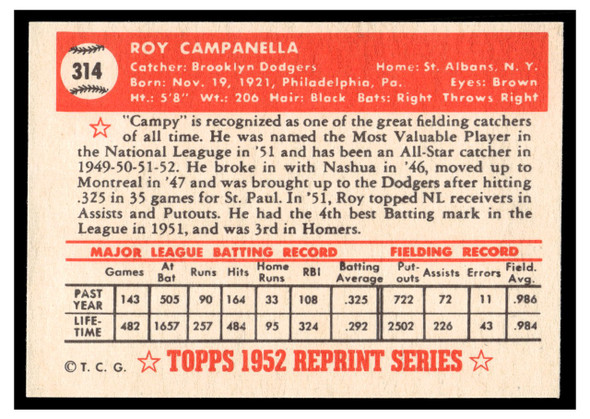 1983 Topps 1952 Reprint Series Roy Campanella #314 HOF VG-EX back of card