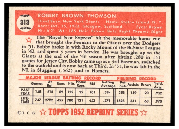 1983 Topps 1952 Reprint Series Bobby Thomson #313 VG-EX back of card