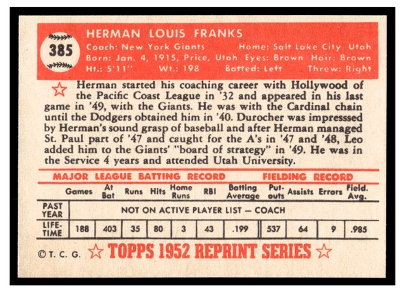 1983 Topps 1952 Reprint Series Herman Franks #385 VG-EX back of card