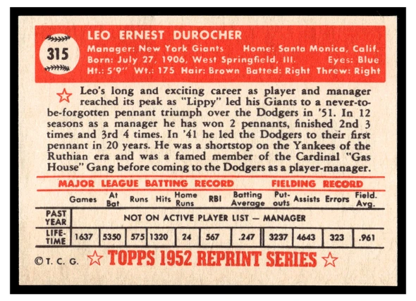 1983 Topps 1952 Reprint Series Leo Durocher #315 HOF VG back of card