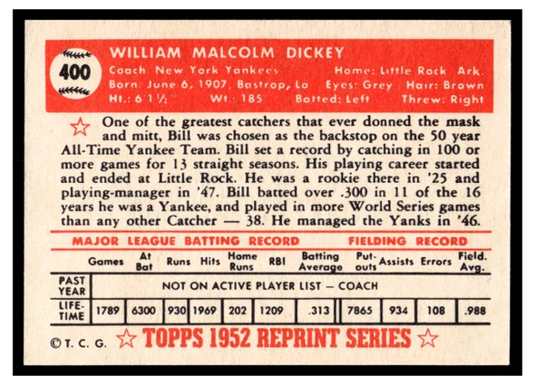 1983 Topps 1952 Reprint Series Bill Dickey #400 HOF Low Grade back of card