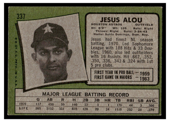 1971 Topps Jesus Alou #337 VG back of card