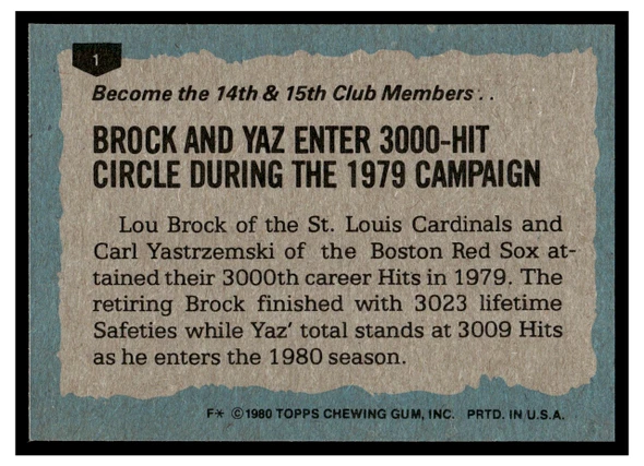 1980 Topps Lou Brock / Carl Yastrzemski #1 HOF VG-EX back of card