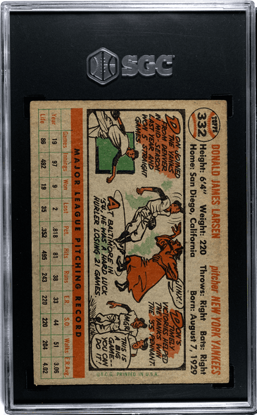 1956 Topps Don Larsen #332 SGC 3 back of card