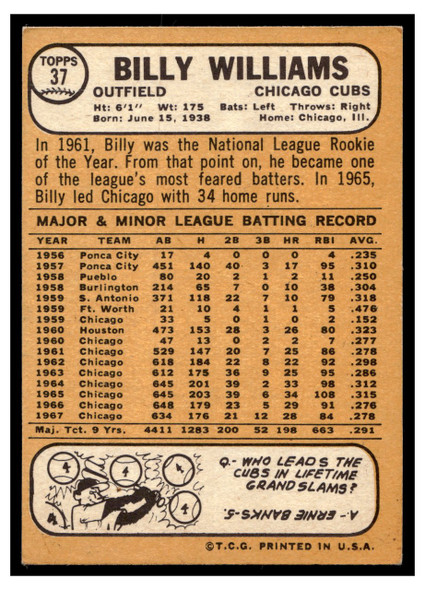 1968 Topps Billy Williams #37 HOF VG-EX back of card