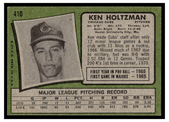 1971 Topps Ken Holtzman #410 Low Grade - Creases back of card