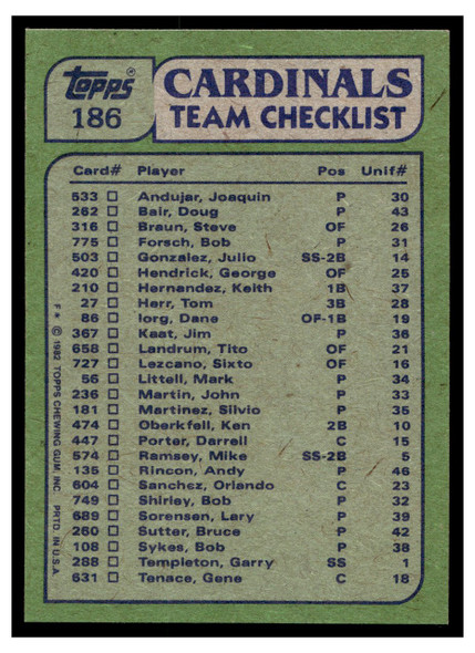 1982 Topps Cardinals Batting & Pitching Leaders (Keith Hernandez, Bob Forsch) #186 Low Grade back of card