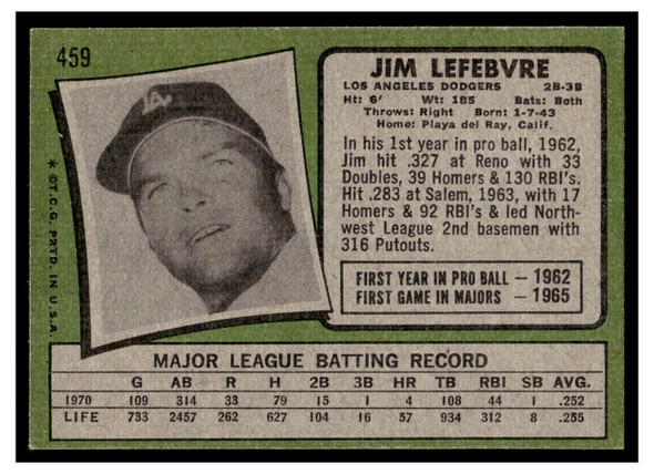1971 Topps Jim Lefebvre #459 Low Grade back of card