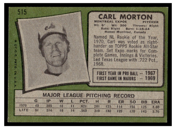1971 Topps Carl Morton #515 Low Grade - Creases back of card