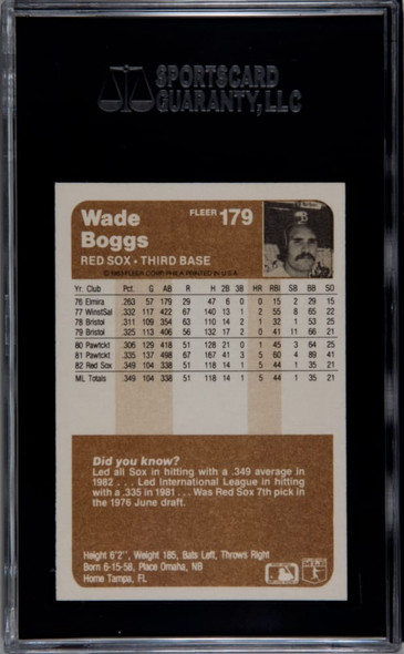 1983 Fleer Wade Boggs #179 SGC 8 back of card