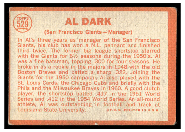 1964 Topps Al Dark #529 Low Grade back of card