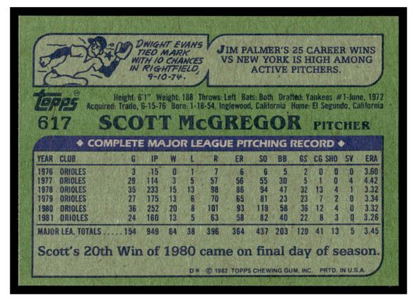 1982 Topps Scott McGregor #617 Good back of card