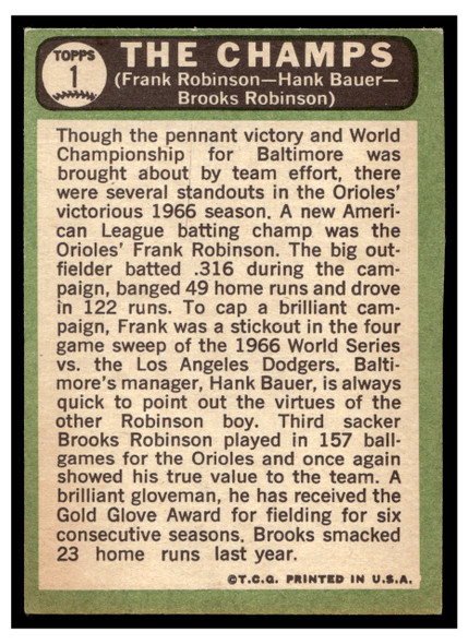 1967 Topps Frank Robinson / Hank Bauer / Brooks Robinson #1 The Champs HOF Low Grade back of card