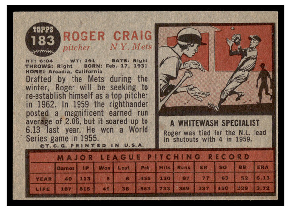1962 Topps Roger Craig #183 Normal Tint Low Grade back of card