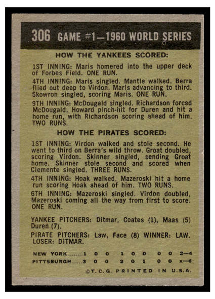 1961 Topps 1960 World Series Game 1 - Virdon Saves Game #306 World Series Low Grade back of card