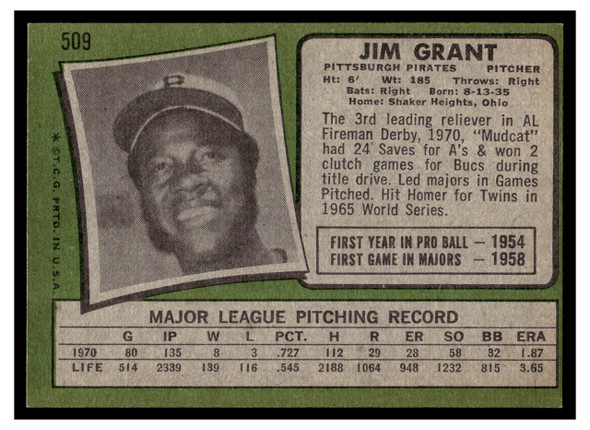 1971 Topps Jim Grant #509 Good back of card