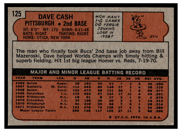 1972 Topps Dave Cash #125 Good back of card