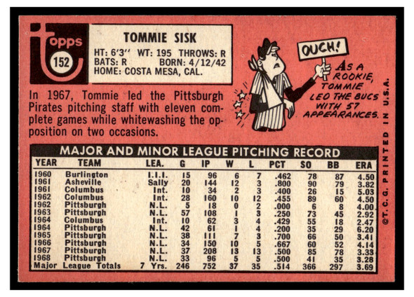 1969 Topps Tommie Sisk #152 Good back of card