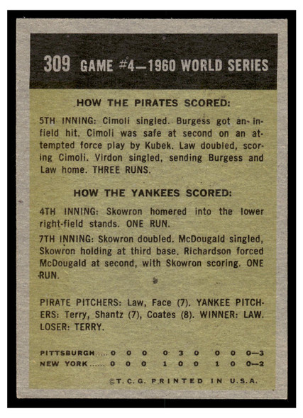 1961 Topps 1960 World Series Game 4 - Cimoli Safe in Crucial Play #309 World Series Low Grade back of card