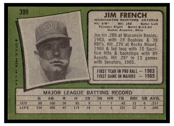 1971 Topps Jim French #399 Low Grade back of card