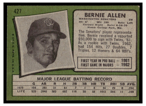 1971 Topps Bernie Allen #427 Low Grade back of card