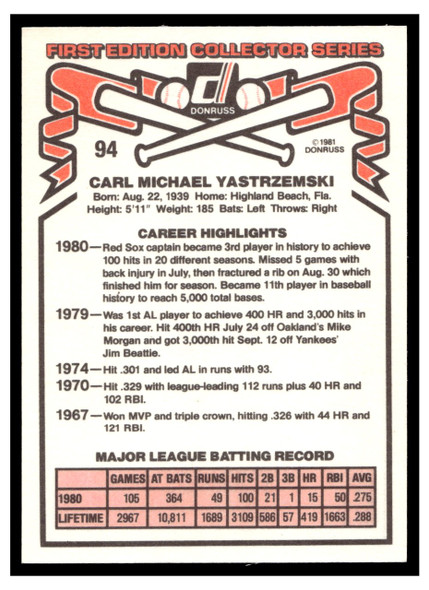 1981 Donruss Carl Yastrzemski #94 HOF Good back of card