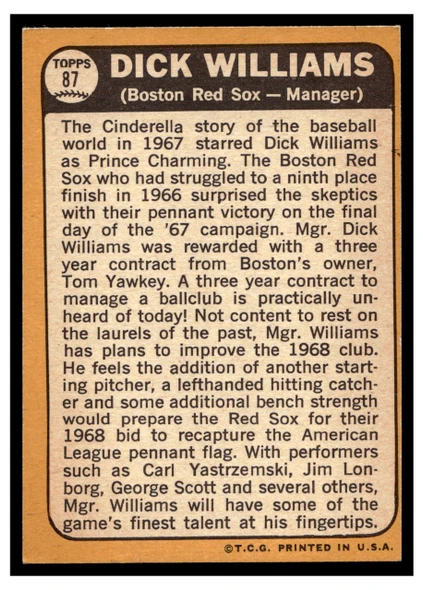 1968 Topps Dick Williams #87 HOF Low Grade back of card