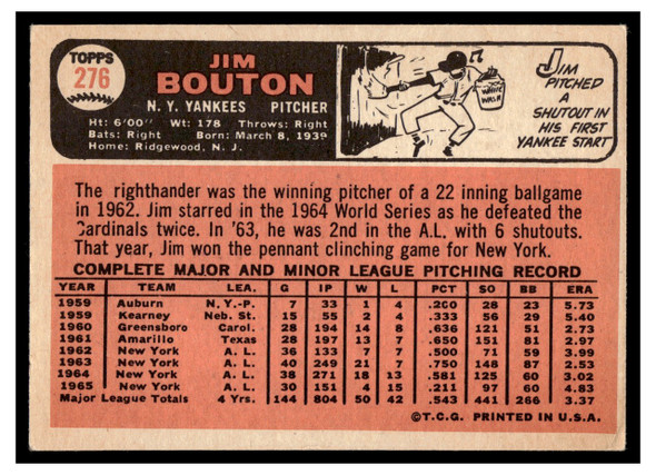 1966 Topps Jim Bouton #276 Low Grade - Creases back of card