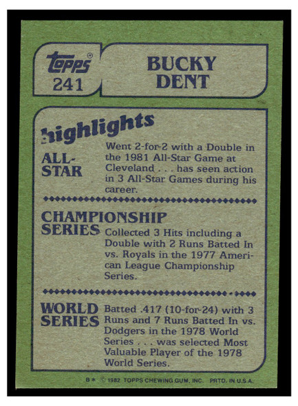 1982 Topps Bucky Dent #241 In Action Low Grade back of card
