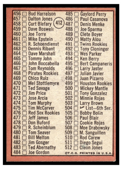 1969 Topps Mickey Mantle #412 5th Series Checklist HOF Low Grade - Marks back of card