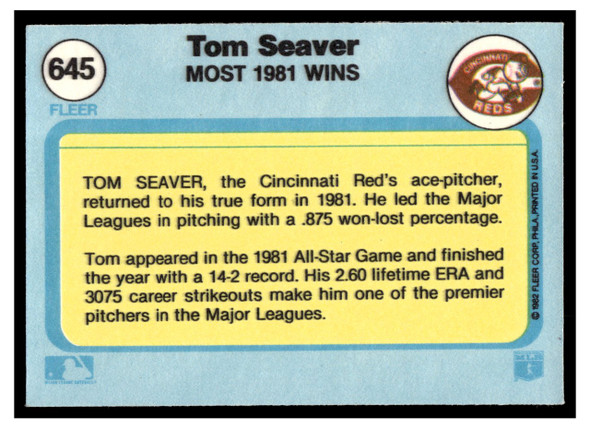 1982 Fleer Tom Seaver #645 Most 1981 Wins HOF Good back of card