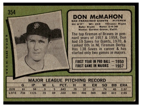 1971 Topps Don McMahon #354 Low Grade — Example B back of card