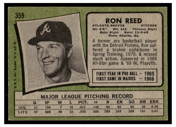 1971 Topps Ron Reed #359 Low Grade back of card