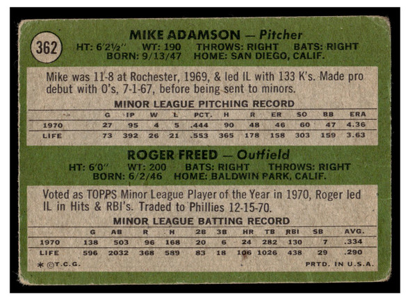 1971 Topps Mike Adamson / Roger Freed #362 Rookie Stars Low Grade - Marks back of card