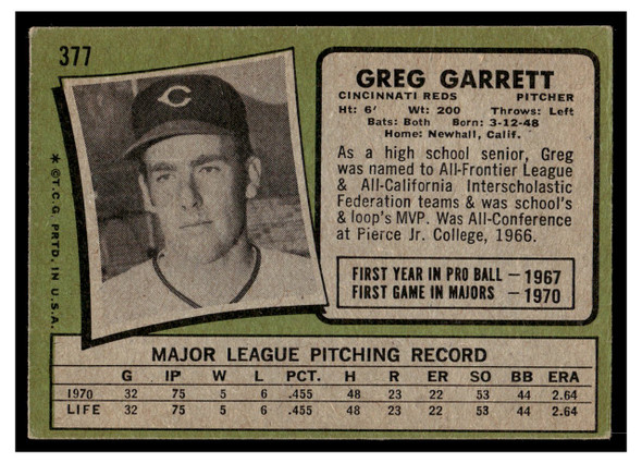 1971 Topps Greg Garrett #377 Low Grade back of card