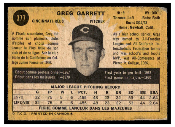 1971 O-Pee-Chee Greg Garrett #377 Low Grade back of card