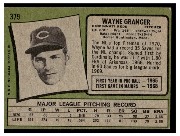 1971 Topps Wayne Granger #379 Low Grade back of card