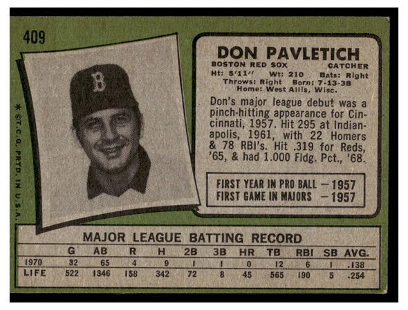 1971 Topps Don Pavletich #409 Low Grade back of card