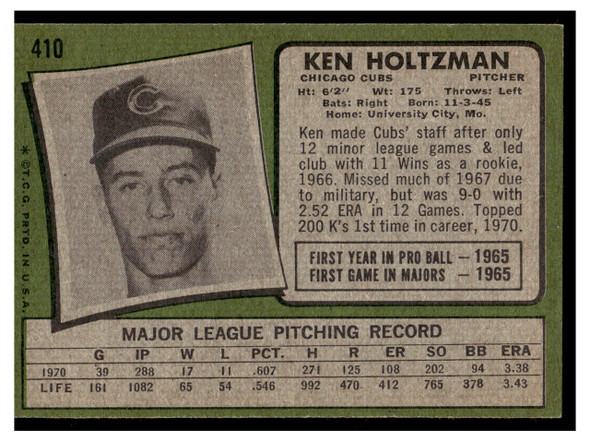 1971 Topps Ken Holtzman #410 Low Grade back of card