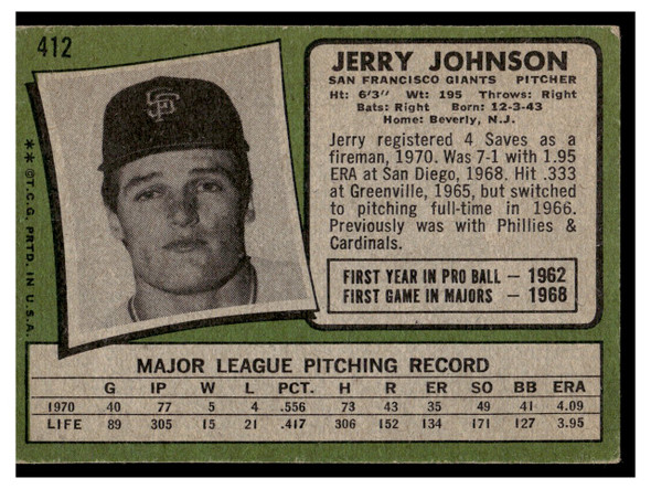 1971 Topps Jerry Johnson #412 Low Grade - Creases back of card