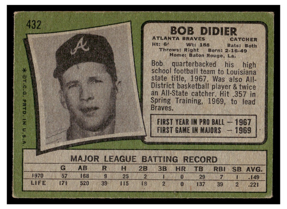 1971 Topps Bob Didier #432 Low Grade - Creases back of card