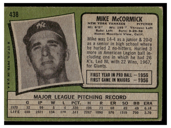 1971 Topps Mike McCormick #438 Low Grade - Creases back of card