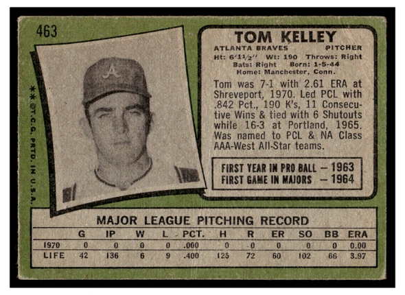 1971 Topps Tom Kelley #463 Low Grade - Creases back of card