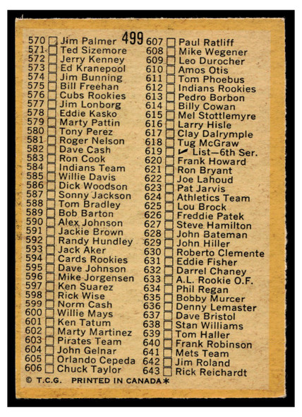 1971 O-Pee-Chee 5th Series Checklist #499 Checklist Low Grade back of card