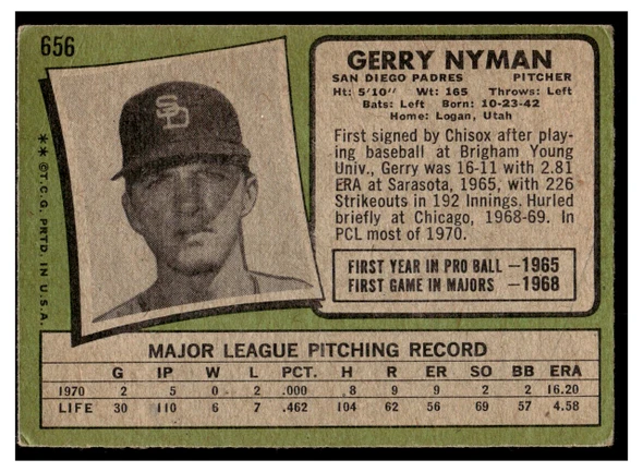 1971 Topps Gerry Nyman #656 Low Grade - Creases back of card
